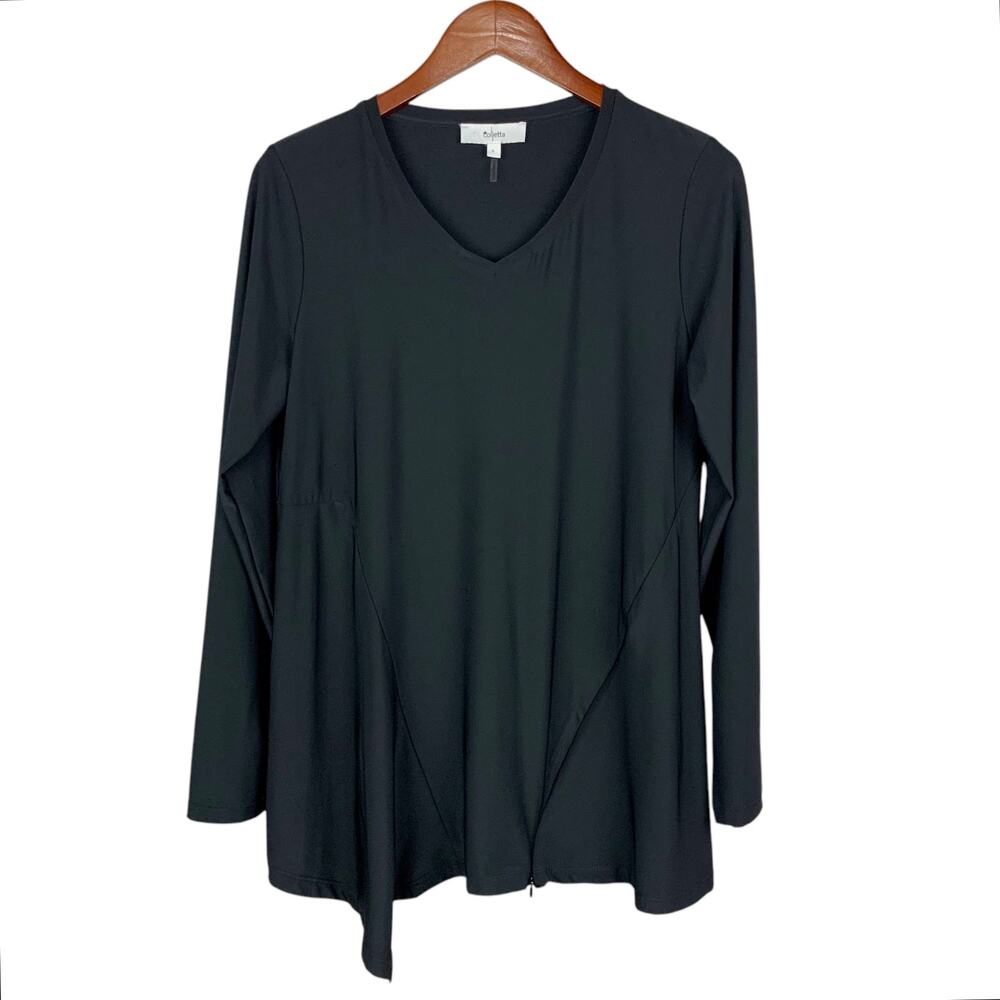 Colletta Tunic Top Blouse Black Stretchy Long Sleeve Asymmetrical Hem Women's L